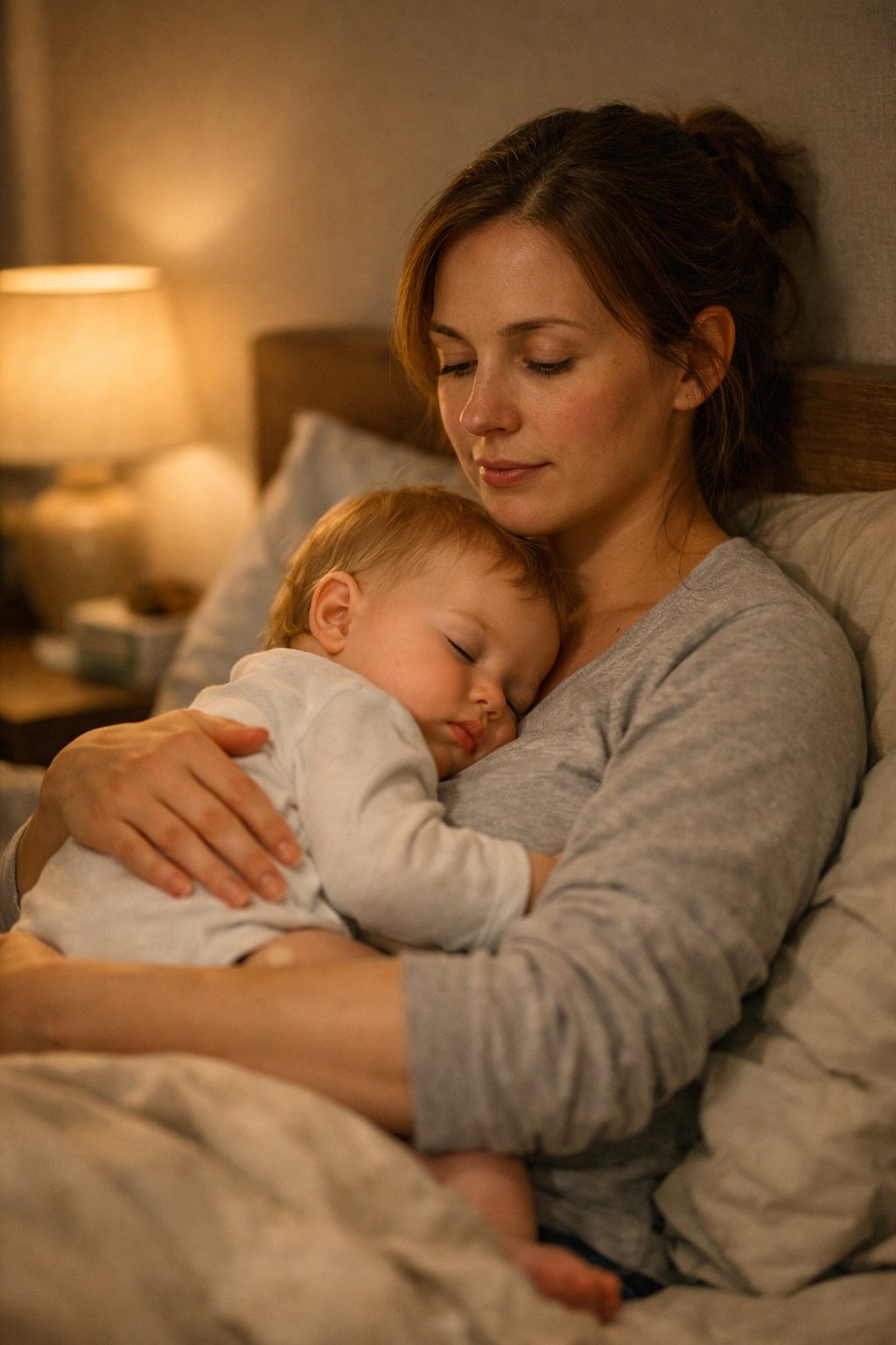 Mother peacefully holding sleeping baby